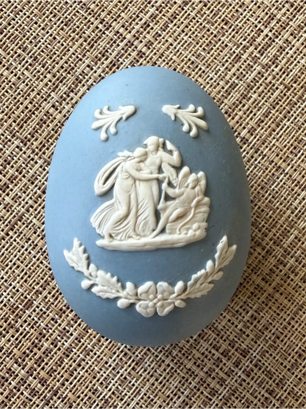 Vintage Blue Jasperware-Style Oval Trinket with White Cherub and floral accents